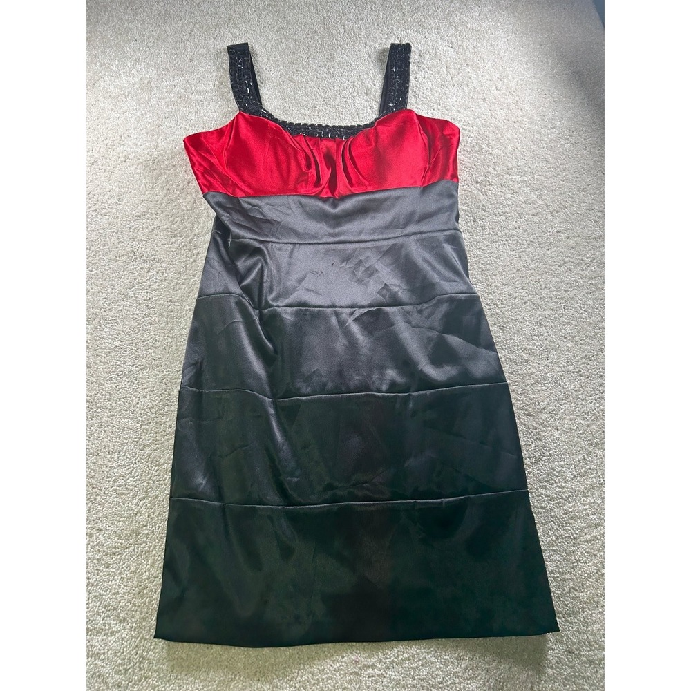 Bisou Bisou Women's Dress Size‎ 12 Red Black Satin Beaded Straps